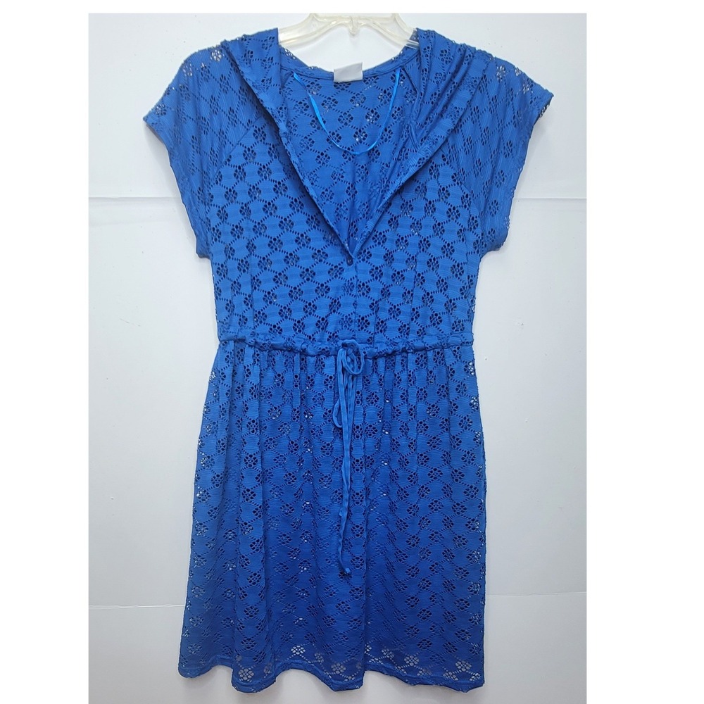 Profile by Gottex Swim Cover Up Women L Blue Hooded Lace Dress Cruise Boho Beach - Picture 2 of 10